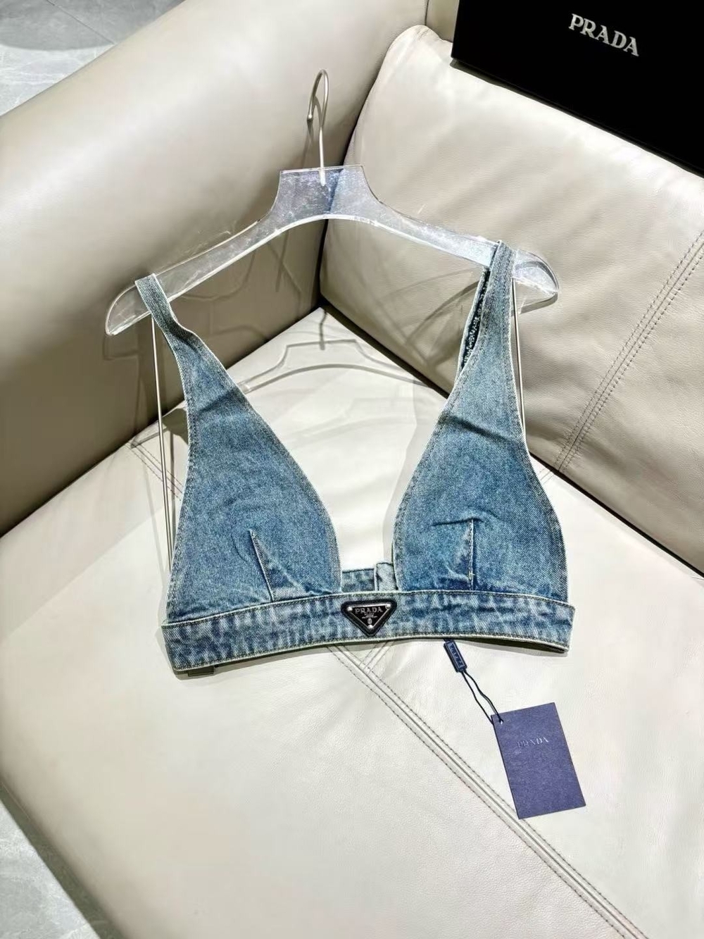 Prada Light Blue Denim Triangle Bralette